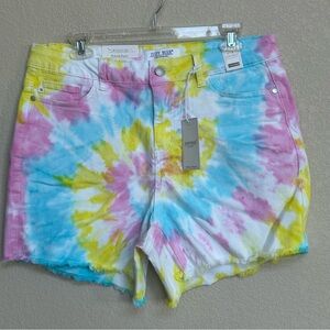 NWT Judy Blue Tie Dye Denim Shorts Women’s 1XL Raw Hem Multi-Color Blue Pink